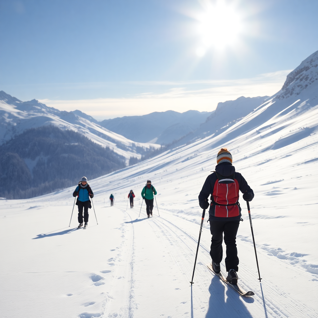 cross-country skiing langlauf in snowy landscape, groomed trails, Engadin Switzerland, winter sports